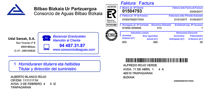 Cara A-1 de la factura del Consorcio de Aguas Bilbao Bizkaia