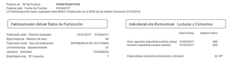 Cara B-1 de la factura del Consorcio de Aguas Bilbao Bizkaia